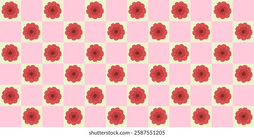 Seamless pattern with red rose flower head on checked pink and yellow background, vector