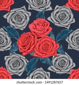 Seamless pattern red rose flowers on black background.Vector illustration hand drawing watercolor style.For used wallpaper design,textile fabric or wrapping paper.