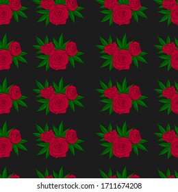 A seamless pattern of red rose flowers and green marijuana leaves on a dark background. Colored vector illustration featuring a tattoo style floral cannabis bouquet design.