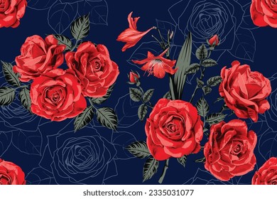 Seamless pattern red rose flowers vintage abstract background. Vector illustration drawing watercolor style. For used wallpaper, fabric pattern print design.