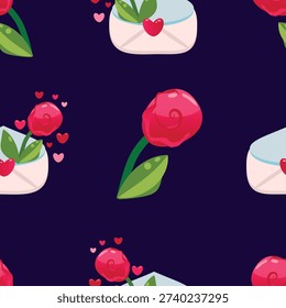 Seamless pattern with red rose flowers, love letters in envelopes and hearts on dark background. Romantic holiday vector illustration in flat style.