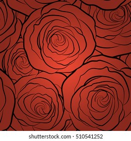 Seamless pattern with red rose flowers silhouette, vector floral monochrome illustration in vintage style.