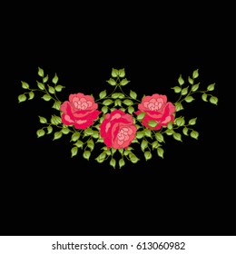 Seamless pattern. Red Rose Flowers with green leaves. Black background.