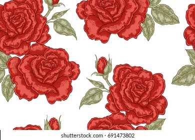 Seamless pattern with red rose flowers on white background. Vector illustration for fabrics, gift packaging, textiles and card design