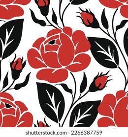 Seamless Pattern with Red Rose Inspired by Ukrainian Traditional Embroidery. Ethnic Floral Motif, Handmade Craft Art. Ethnic Design. Fabric Textile, Wrapping Paper, Wallpaper. Vector Illustration