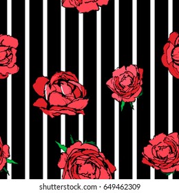 Seamless pattern with a red rose on a black and white background