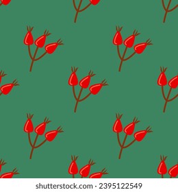 Seamless pattern with red rosehip berry on a green background vector