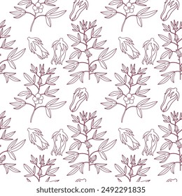 Seamless pattern with Red Roselle fruit, branch with leaves and flower (Jamaica sorrel, Rozelle or hibiscus sabdariffa ). Hand drawn vector repeating background with tropical plant Sudanese rose