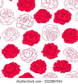 Seamless pattern with red roses, background isolated on white background. Hand drawn colorful vector illustration without transparent and gradients.