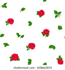 Seamless pattern with red roses, background isolated on white background. Hand drawn colorful vector illustration without transparent and gradients.