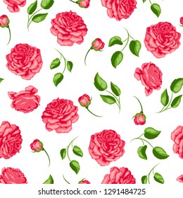 Seamless pattern with red roses. Beautiful decorative flowers, buds and leaves.