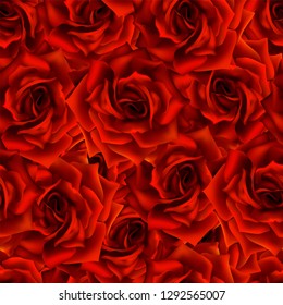 Seamless pattern with red roses. Beautiful realistic blooming flowers. Photorealixtic rose bud, clean vector high detailed result.
