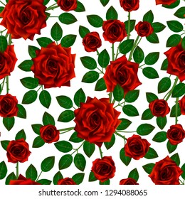 Seamless pattern with red roses. Beautiful realistic flowers with leaves. Photorealixtic rose bud, clean vector high detailed result .