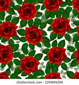 Seamless pattern with red roses. Beautiful realistic flowers with leaves. Photorealixtic rose bud, clean vector high detailed result .