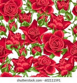 Seamless pattern with red roses. Beautiful realistic flowers, buds and leaves.