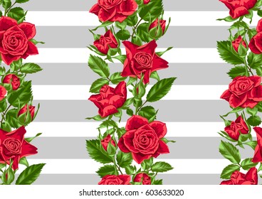 Seamless pattern with red roses. Beautiful realistic flowers, buds and leaves.
