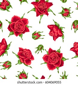 Seamless pattern with red roses. Beautiful realistic flowers, buds and leaves.