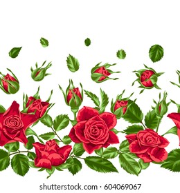 Seamless pattern with red roses. Beautiful realistic flowers, buds and leaves.