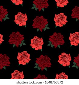 Seamless pattern of red roses, black background, cartoon style, wallpaper, gift paper, print, decoration, backdrop, decor, fabric, botanical, plant, celebratory, cloth, floristry, floral shop, blossom