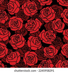 Patrón sin foco de rosas rojas florecen en el fondo negro