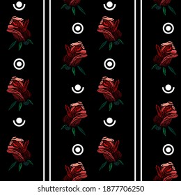 Fondo sin fisuras de rosas y rayas rojas