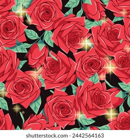 Seamless pattern of red roses and gold sparkles. Modern floral pattern, Vintage floral background, Pattern for design wallpaper, Gift wrap paper and fashion prints.