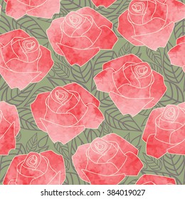 Seamless pattern with red roses. Green background with leaves- vector picture.