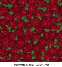 Seamless pattern with red roses and green leaves. Vintage pattern with indian batik style rose flowers. Floral vector background.