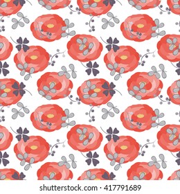 Seamless pattern of red roses. Red and grey floral seamless texture. Background of clover, branches and colorful flowers. Hand drawn seamless pattern for design, wrapping, cover, textile, etc.