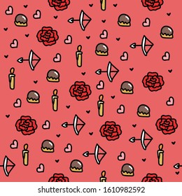 seamless pattern with red roses, heart, candle and chocolate. Valentine theme background.