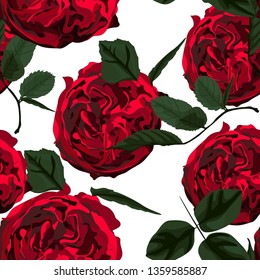 Seamless pattern with red roses, illustration. Perfect for background greeting cards and invitations of the wedding, birthday, Valentine's Day, Mother's Day. White background.