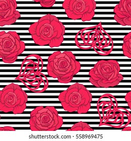 Seamless pattern with red roses and love heart on background with black and white stripes. Stock vector.