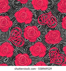 Seamless pattern with red roses and love heart on background with vintage pattern. Stock vector.