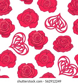 Seamless pattern with red roses and love heart on white background. Stock vector.