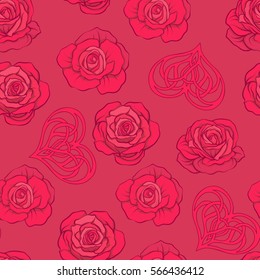 Seamless pattern with red roses and love heart on red background. Stock vector.

