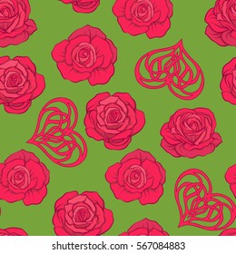 Seamless pattern with red roses and love heart on green background. Stock vector.

