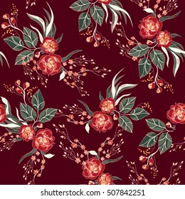 seamless pattern with red roses ob vinous background