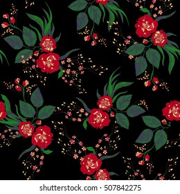 seamless pattern with red roses ob black background