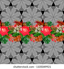 Seamless pattern with red roses on  lacy background. Flower background for textile, cover, wallpaper, gift packaging, printing.Romantic design for calico, silk.