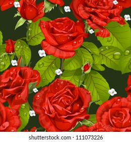 Seamless pattern of red roses on a dark green background