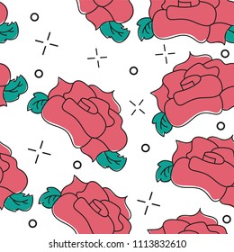 Seamless pattern with red roses on white background. Elegant design for wallpaper, wedding invitations, greeting cards, scrapbook, textile print. Vector illustration.