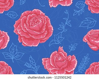 Seamless pattern with red roses on bright blue background with floral silhouettes