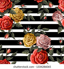 Seamless pattern with red roses on striped background