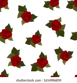 Seamless pattern with  red roses on a white backdrop, vector illustration. Perfect for background greeting cards and invitations of the wedding, birthday, Valentine's Day, Mother's Day.