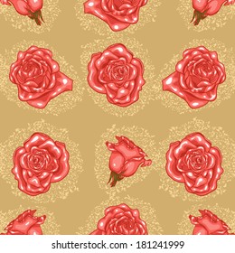 Seamless pattern of red roses on the background color of coffee with milk