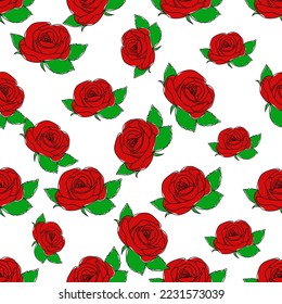 Seamless pattern of red roses on white background. Red Rose flowers background in flat style, vector illustration