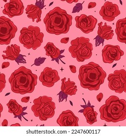 Seamless pattern with red roses on a pink background. Vector graphics.