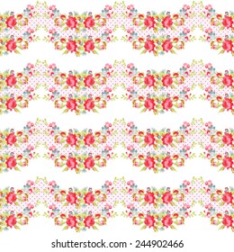 Seamless Pattern with red roses on a background with red polka dots