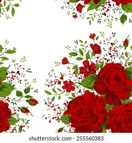 Seamless pattern with red roses on design background, vector illustration