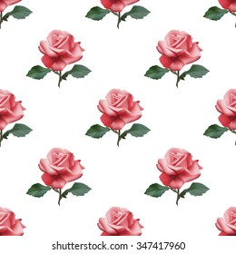 Seamless pattern with red roses on white background. Vector illustration.